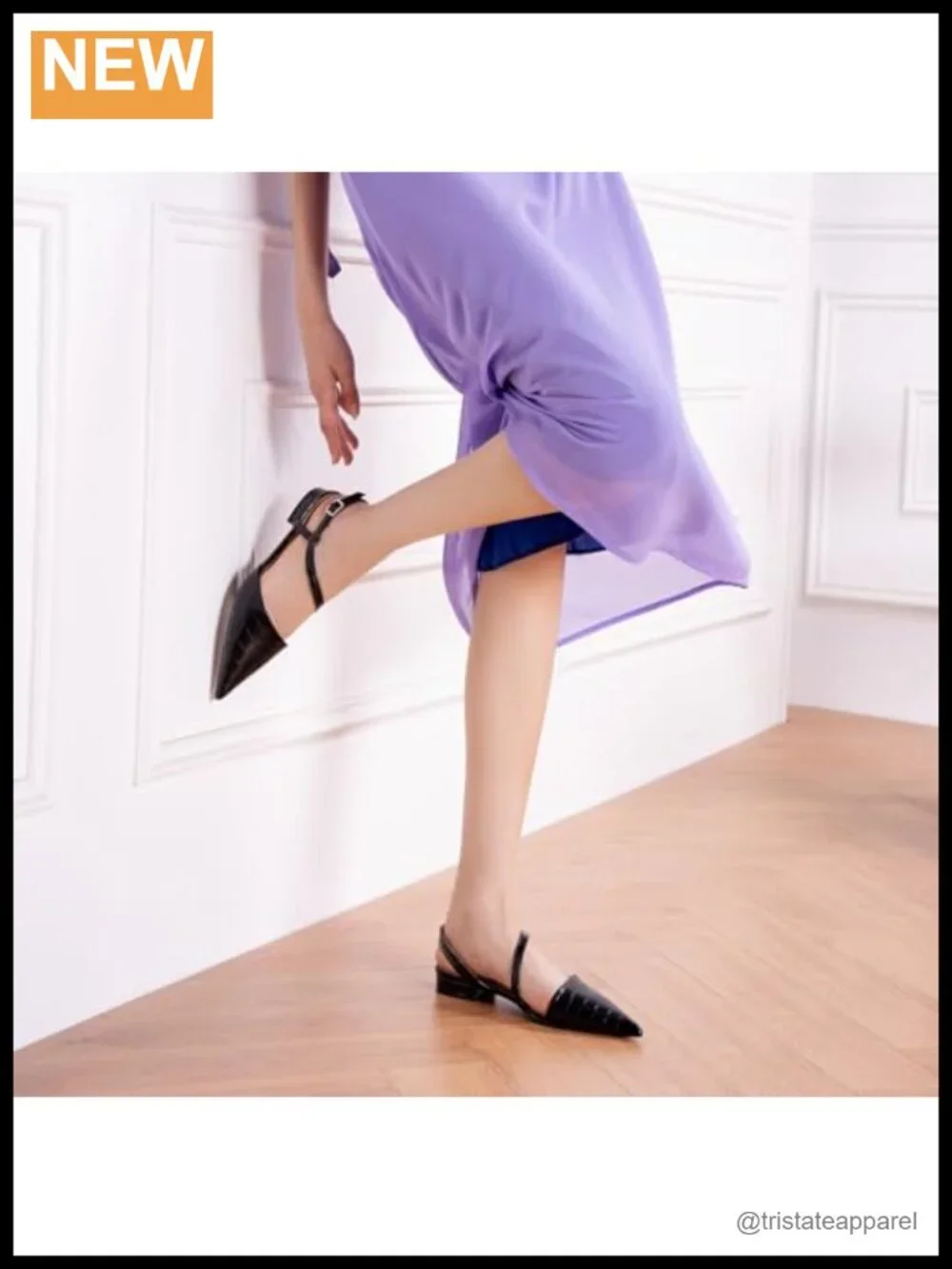 Slingback Flats Pointed Toe Lambskin Insole Block Heel Croc Embossed